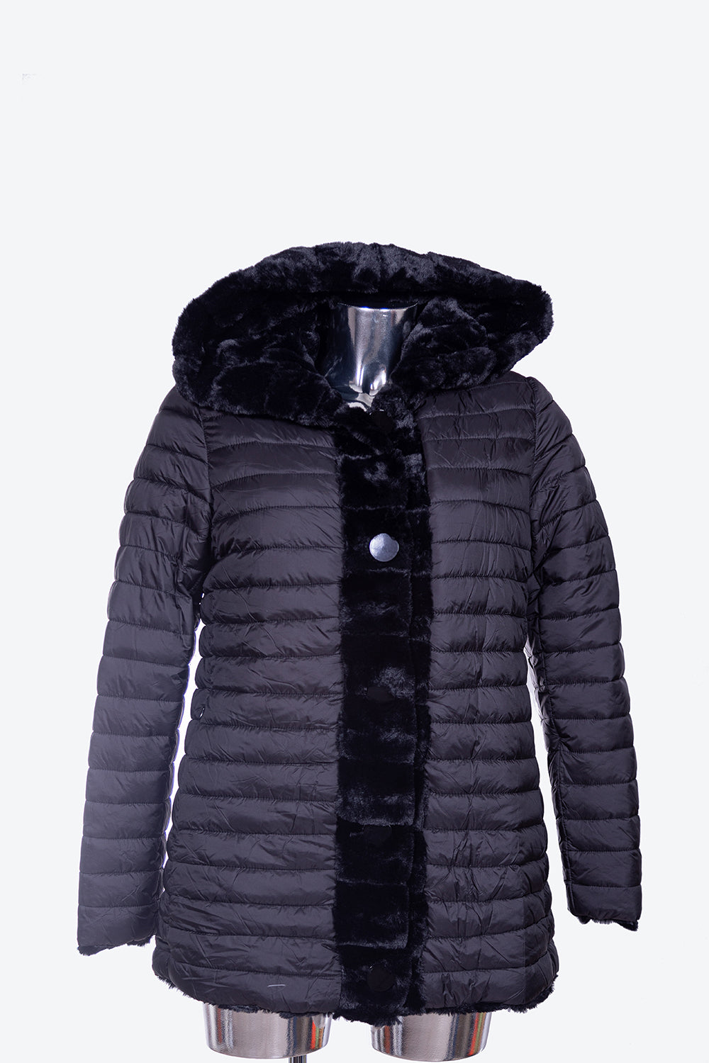 Giaccone da donna in pelliccia ecologia reversibile con cappuccio  FRANCA con taglie forti conformate