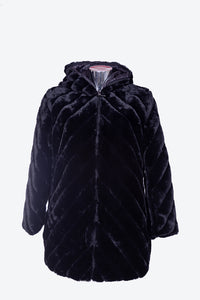Giaccone da donna in pelliccia ecologia reversibile con cappuccio  FRANCA con taglie forti conformate