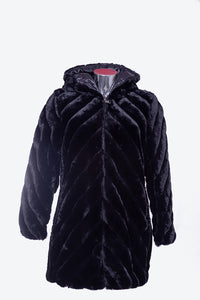 Giaccone da donna in pelliccia ecologia reversibile con cappuccio  DARIA con taglie forti e con taglie conformate