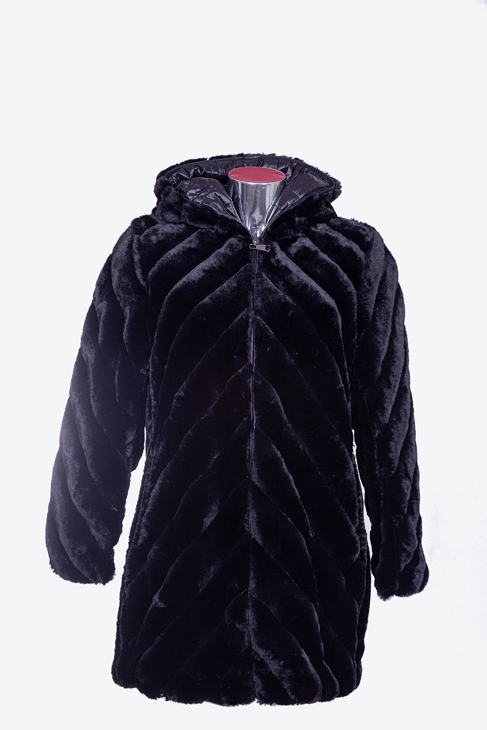 Giaccone da donna in pelliccia ecologia reversibile con cappuccio  DARIA con taglie forti e con taglie conformate