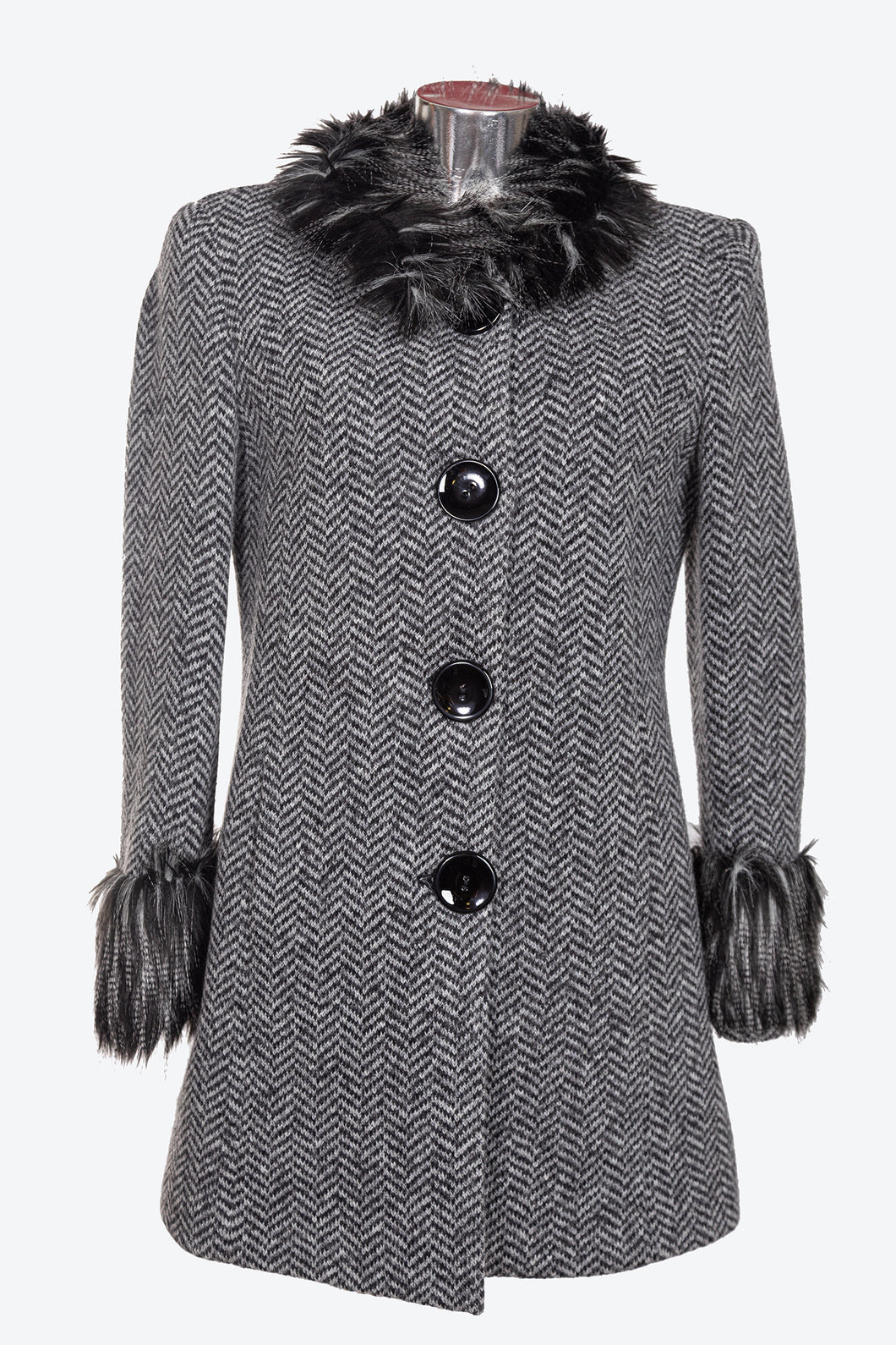 Cappotto da donna in tessuto spigato con pelliccia e polsi staccabili e  con taglie forti LM084