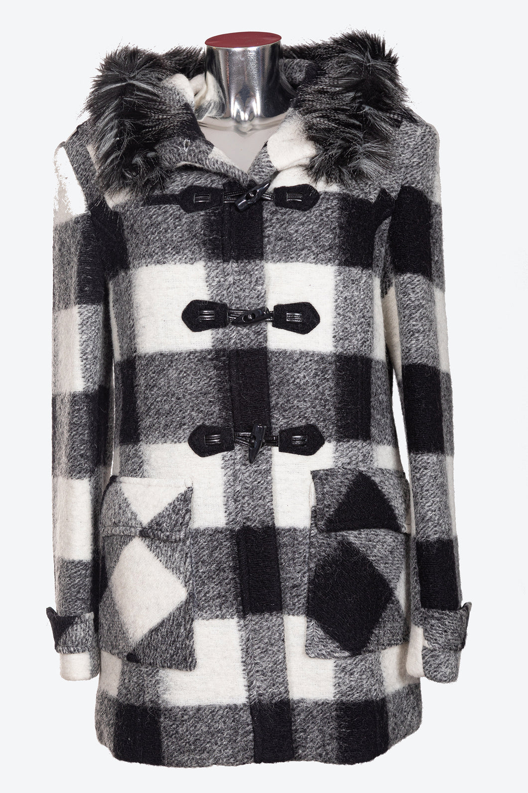 Cappotto da donna in tessuto lana cotta con cappuccio in pelliccia e con taglie forti FLAVIA